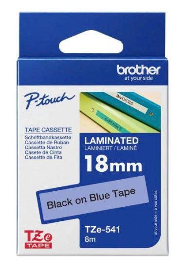 Nhãn in Tze-541 chữ đen nền xanh dương 18mm