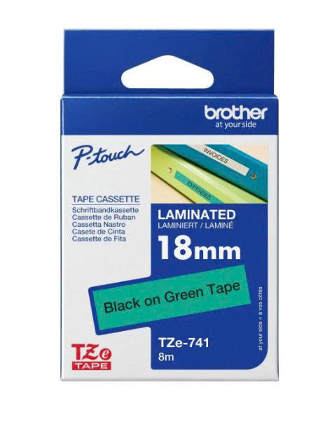 Băng nhãn in Tze-741 chữ đen nền xanh lá cây khổ rộng 18mm